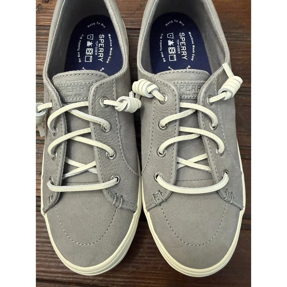 Sperry Crest Vibe Washable Leather Barrel Lace Sneakers Light Grey 8.5 Preppy